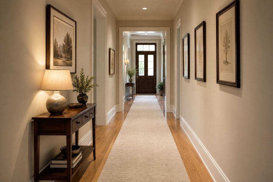 Beige Hallway with neutral runner and framed art 