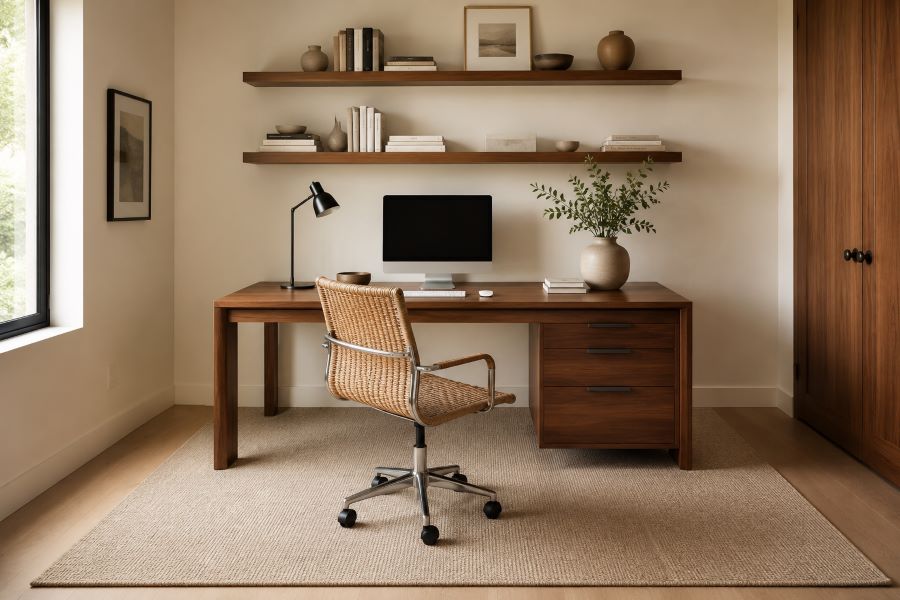 Home office with low-pile flatweave rug placement decor