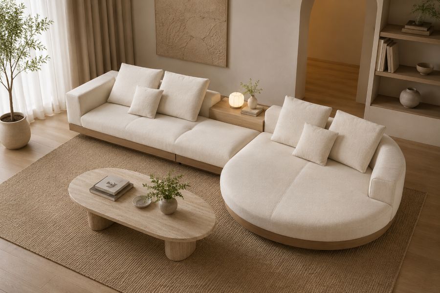 Beige modular sectional sofa with curved design