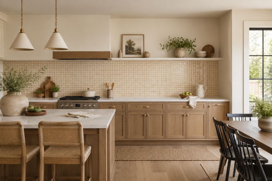 Modern beige kitchen backsplash with mosaic tiles