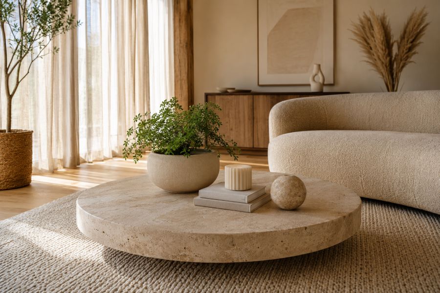 beige coffee table with ceramic pot for living room 