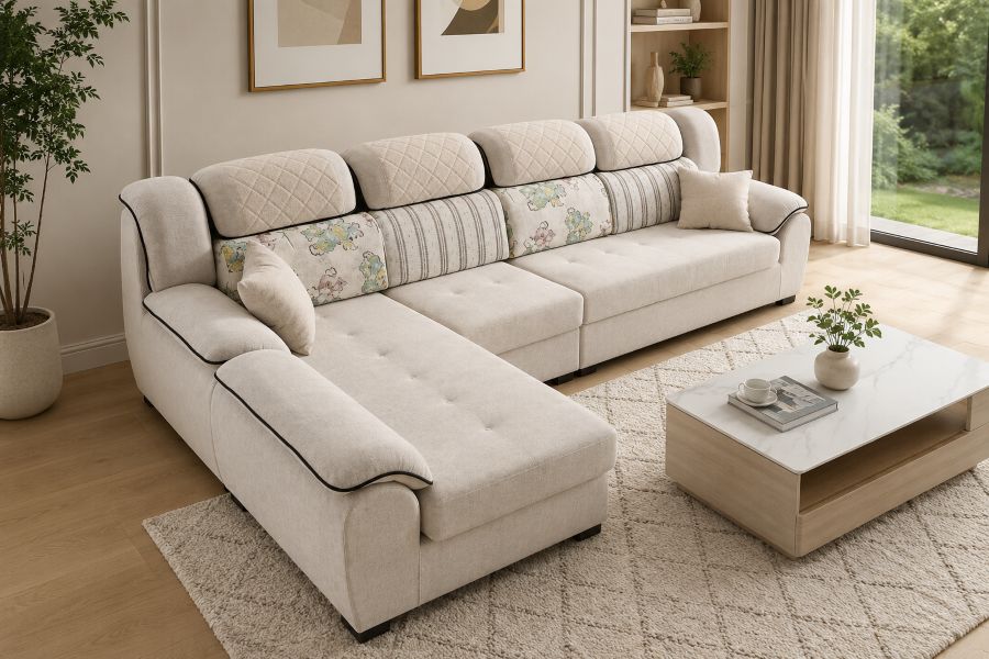 Modern beige sectional sofa with quilted back cushions