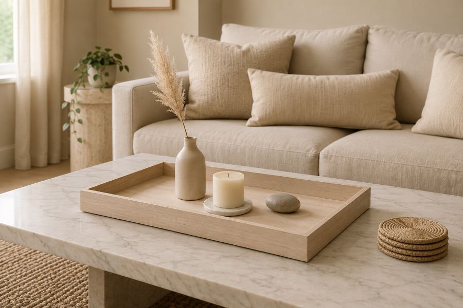 Beige tray styling neutral living room coffee table