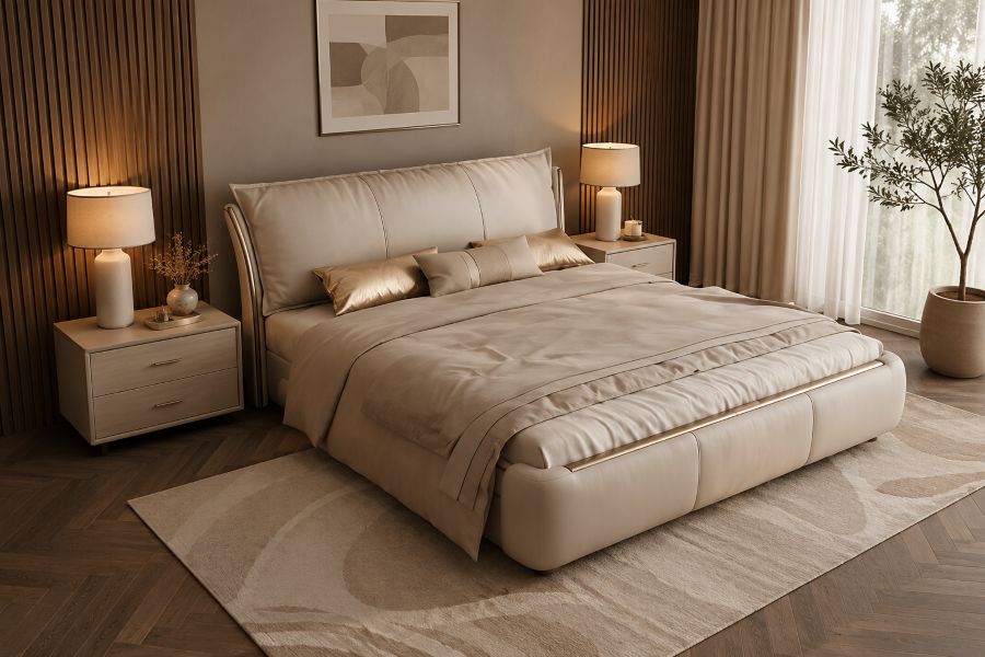 beige upholstered sleigh bed with gold accents