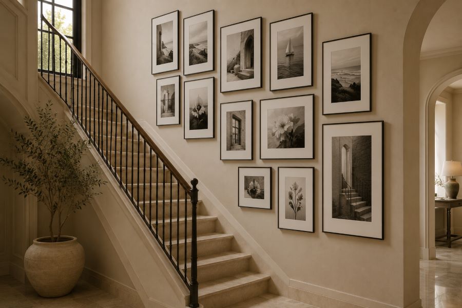 Staircase wall with black and white photography art design