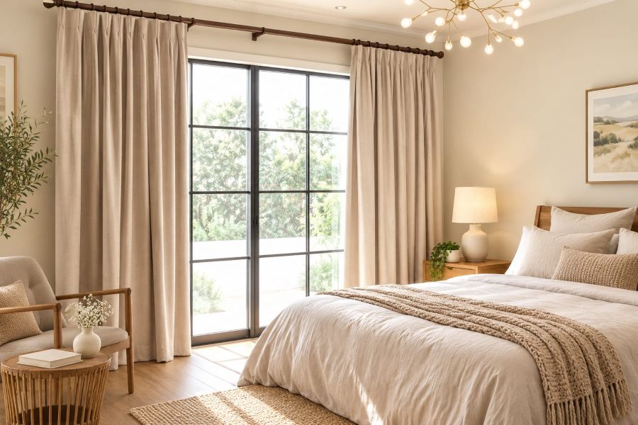 blackout linen look curtains for modern beige bedroom