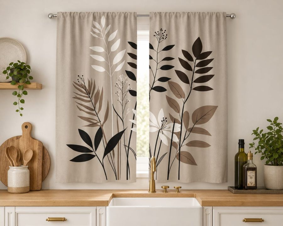 window curtains with botanical leaf print
