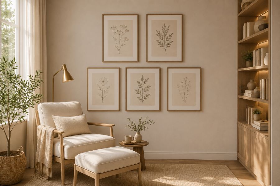 gallery wall layout with modern botanical prints