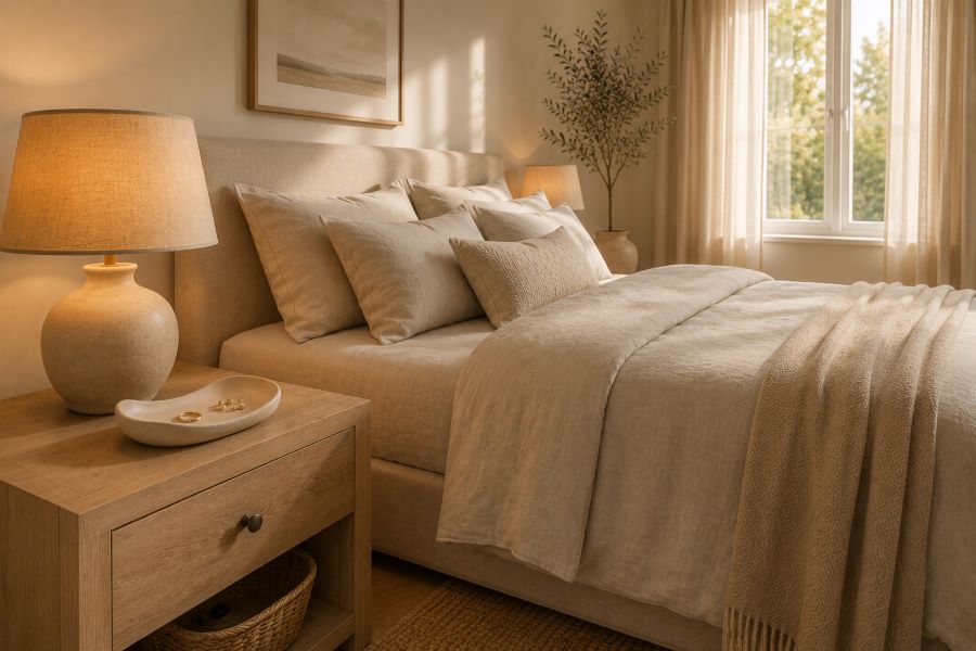 Curved ceramic trinket tray with rings on a light wood nightstand, quiet luxury bedside table styling