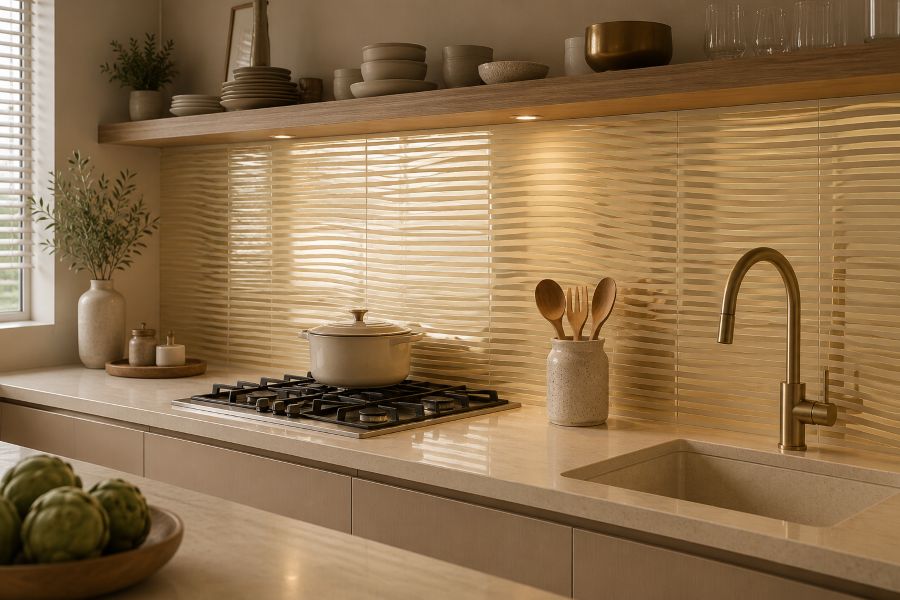 Modern champagne wavy style backsplash in kitchen
