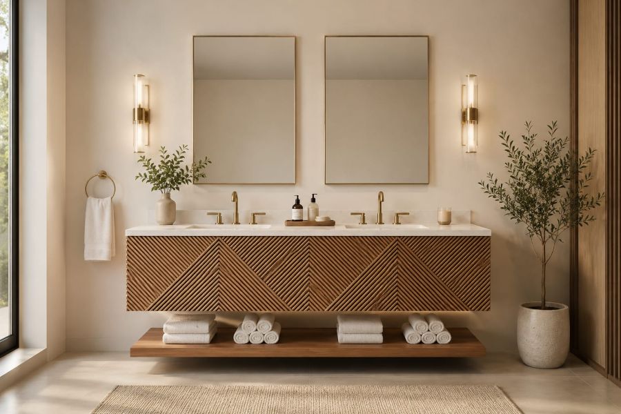 Chevron wood vanity with open shelf for towel