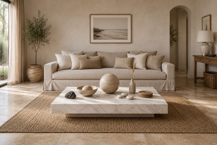 Stone ceramic object vignette table for beige living room.