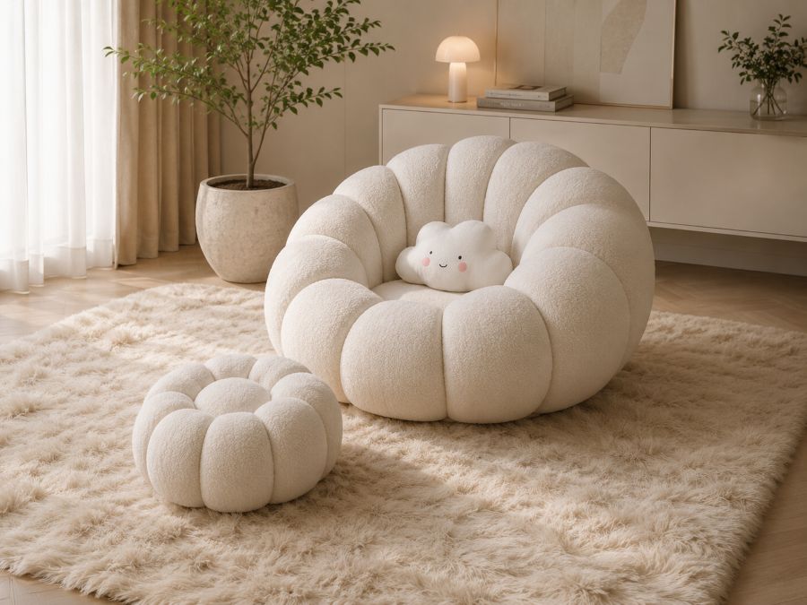 Cozy beige boucle lounge chair with matching ottoman