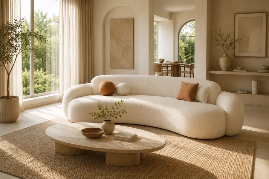 Beige living room furniture including curved boucle sofa with coffee table