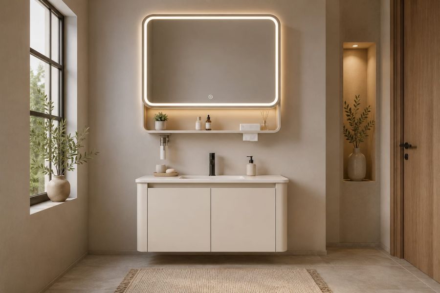 curved cream bathroom vanity with illuminated mirror