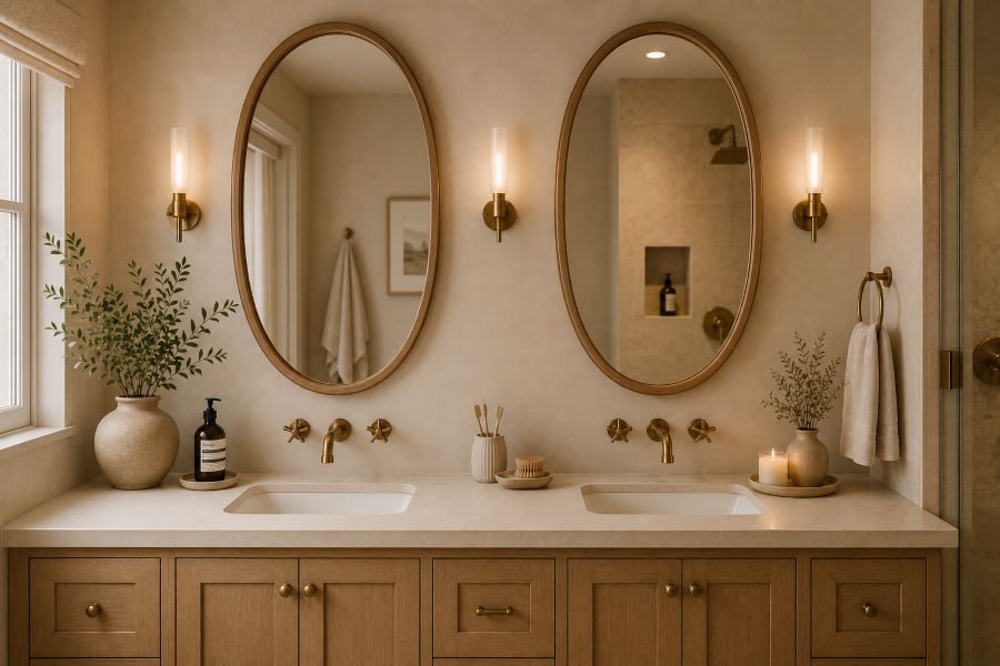 Oval mirrors above bathroom double vanity