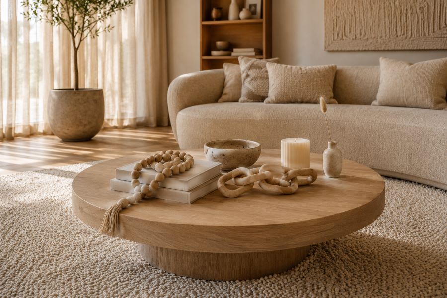 table decor in living room with beads and candles decor