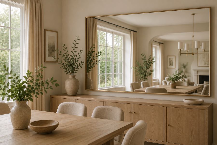 Oversized mirror reflecting light dining room
