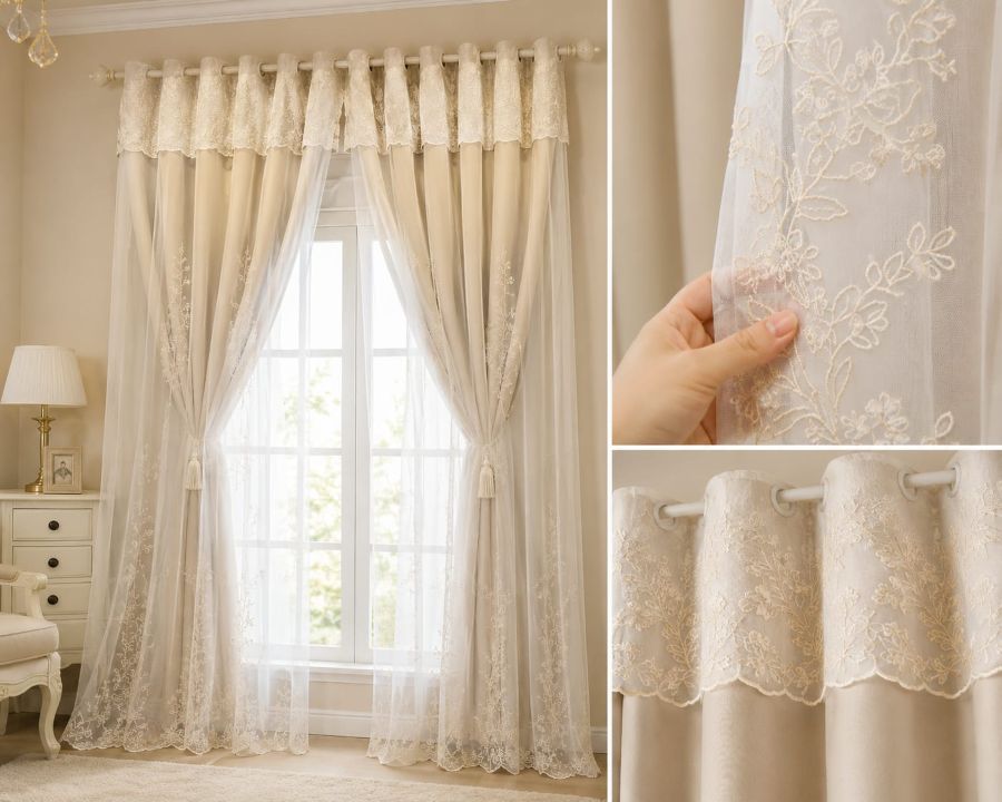 Luxury beige curtains with embroidery and double layer sheer curtains