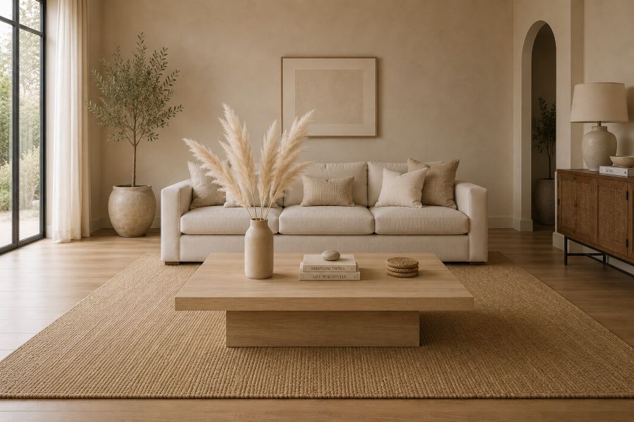 Dried pampas grass vase beige coffee table styling
