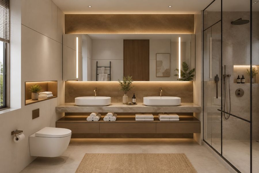 Modern dual sink bathroom mirror with stone countertop