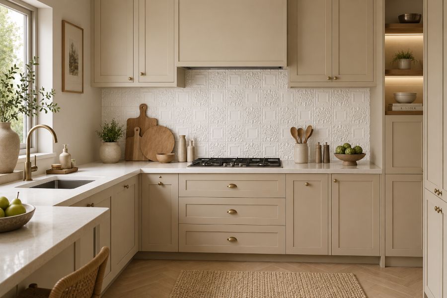 Modern backsplash tiles for beige and white kitchen