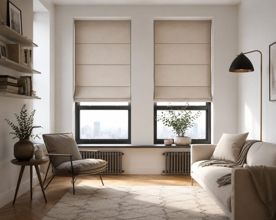 window treatment with European styled roman shades