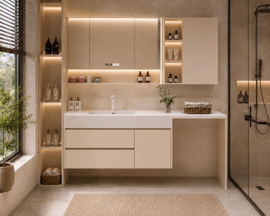 beige bathroom vanity with cabinets and storage space