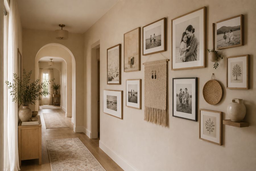 beige wall design with family photo layout
