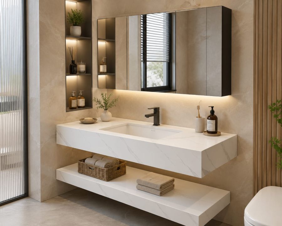luxury marble bathroom vanity with storage shelves
