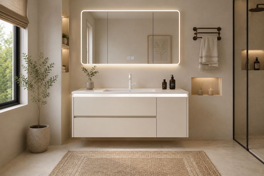 floating vanity with illuminated smart mirror