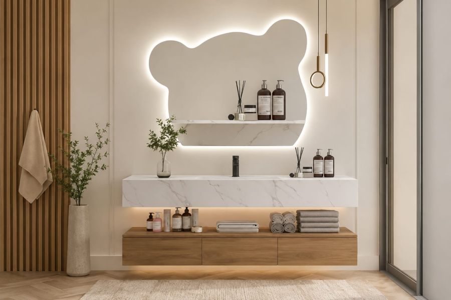 Bathroom vanity with statement mirror for modern home decor