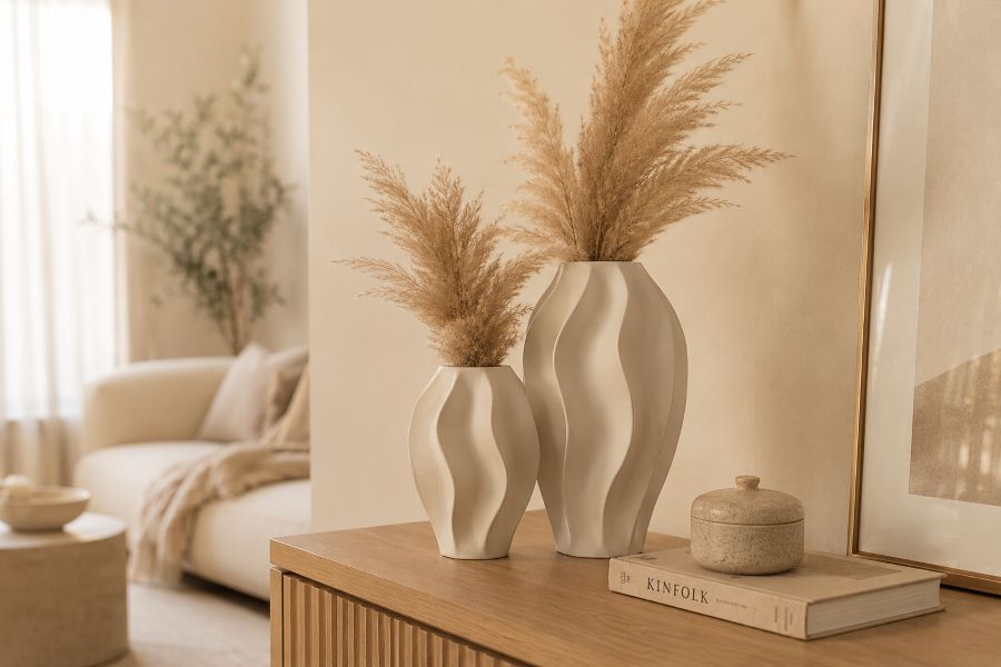 Fluted ceramic vase duo with pampas grass