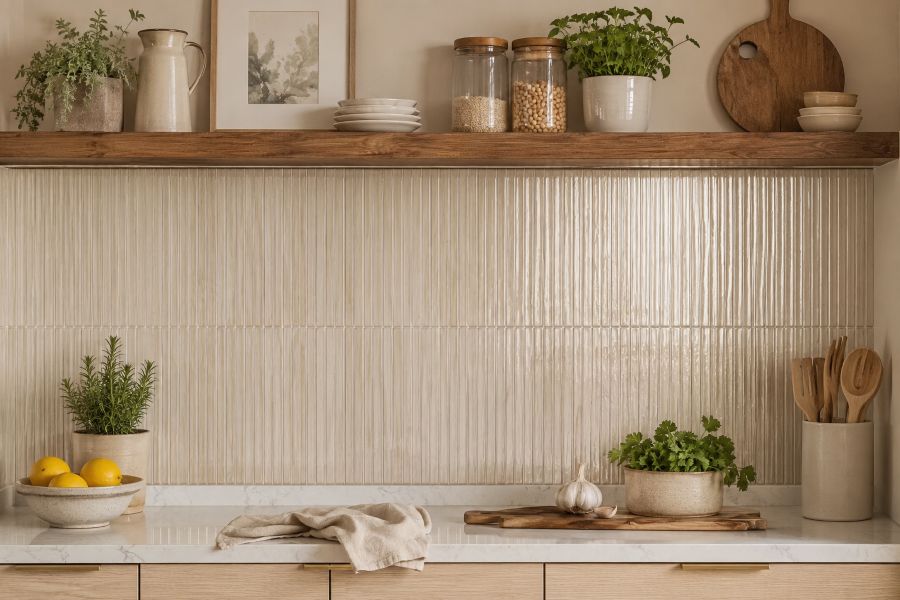 fluted beige backsplash tiles for modern beige kitchen 