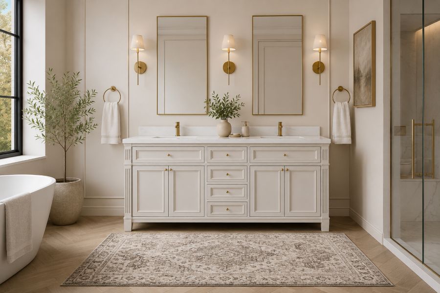 double fluted beige vanity with brass fixtures