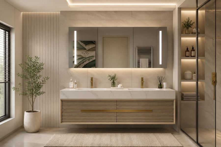 fluted wood vanity with mirror cabinet