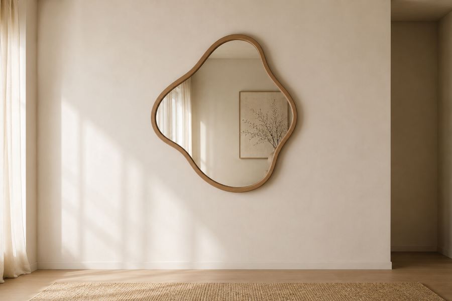 Freeform blob-shaped mirror decor ideas for minimalist living room