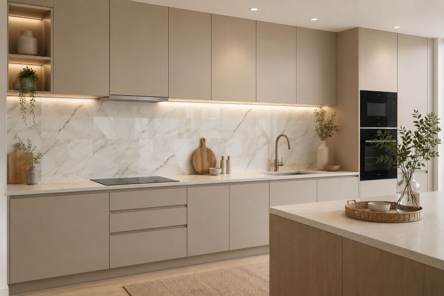 marble backsplash slab for beige kitchen