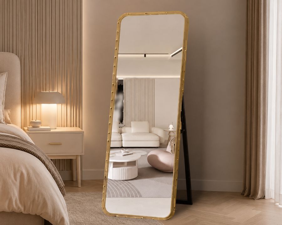 Full length standinng mirror with gold studded frame