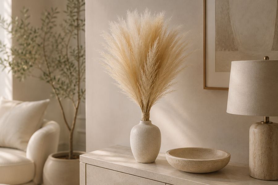 dried pampas grass bouquet in ceramic vase