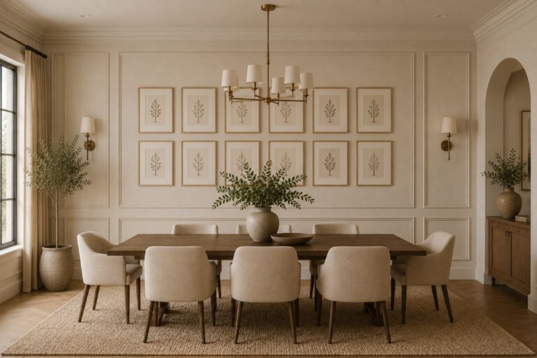 Modern gallery wall layout for beige and luxury home decor