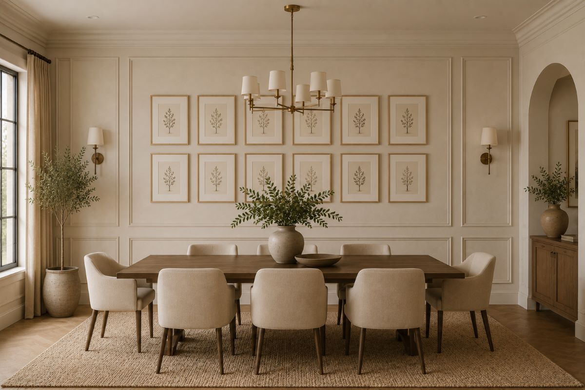 Modern gallery wall layout for beige and luxury home decor