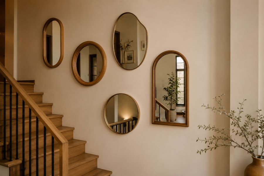 Mirror gallery wall varied shapes stairwell