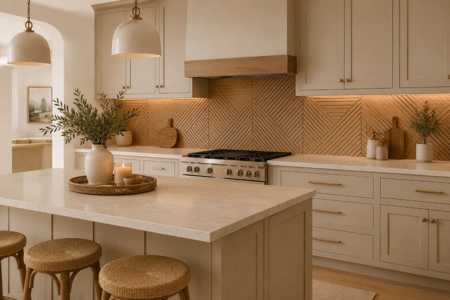 Trending wooden chevron backsplash for modern interior
