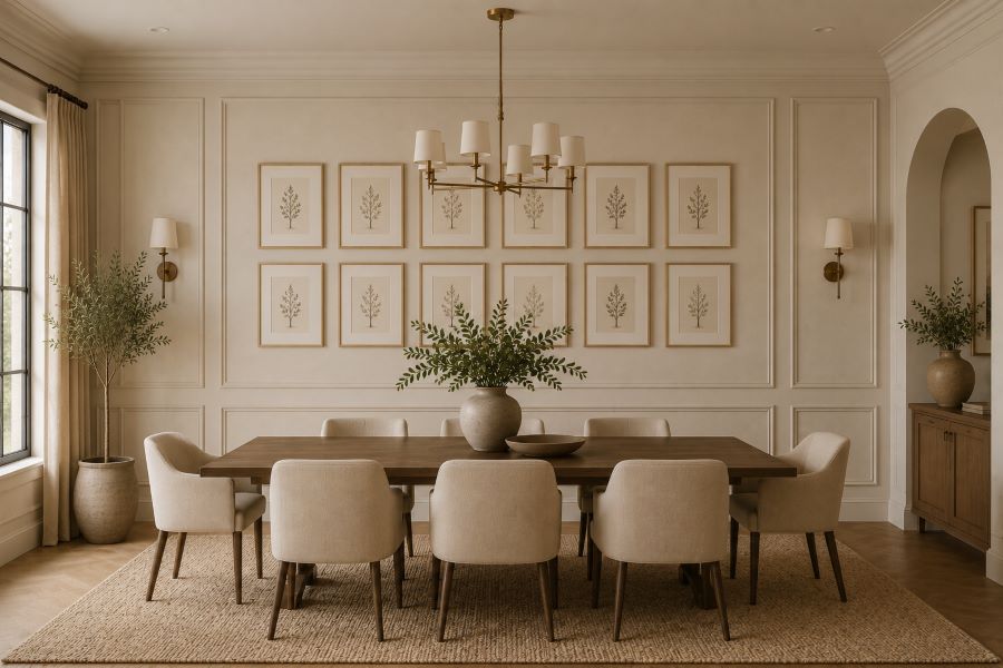 dining room with grid layout gallery wall design