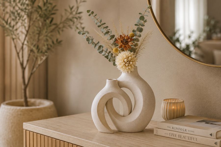 Sculptural interlocking vase with dried  botanicals
