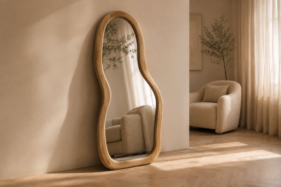 Irregular organic-shaped standing mirror living room corner