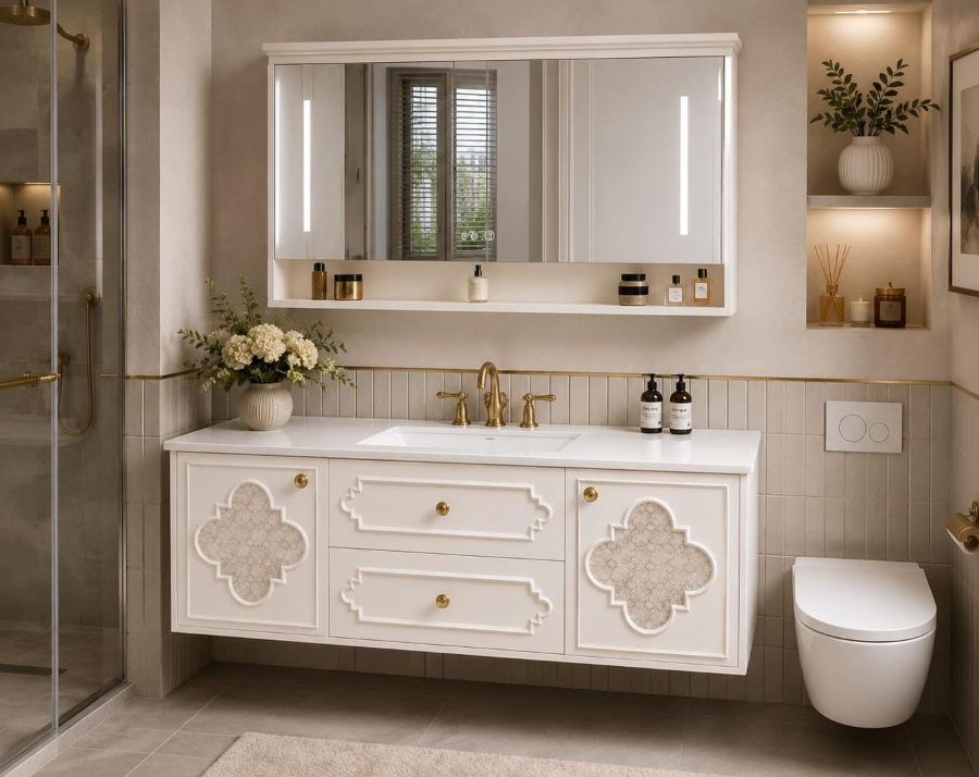Ivory bathroom vanity with quatrefoil detail
