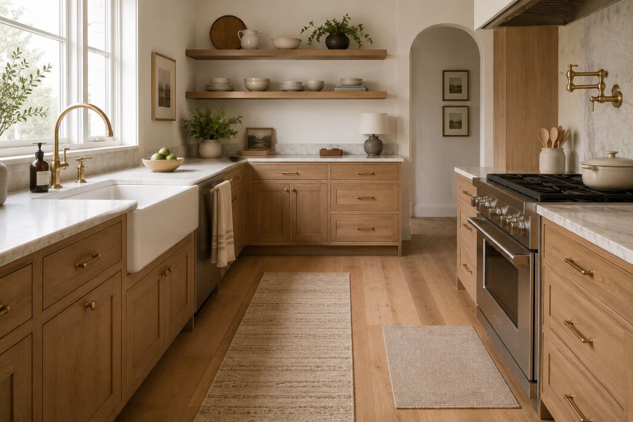 Modern kitchen with woven runner near sink
