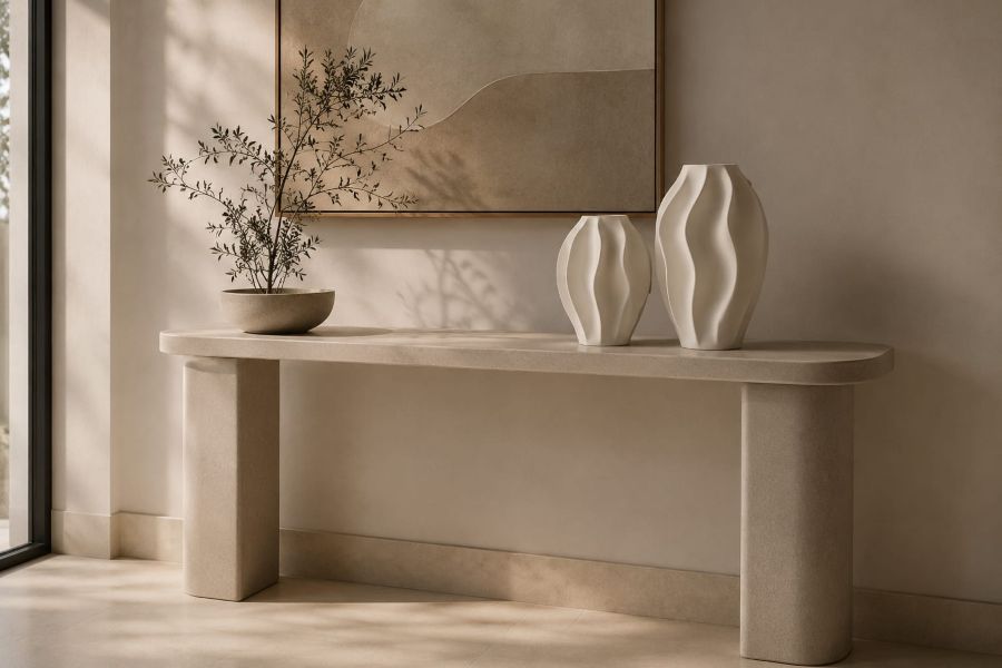 console decor with wavy ceramic vase decor